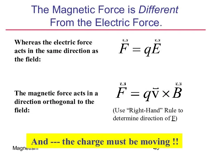 Magnetism The Magnetic Force is Different From the Electric Force. Whereas