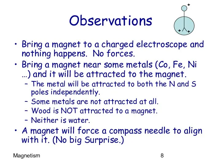 Magnetism Observations Bring a magnet to a charged electroscope and nothing