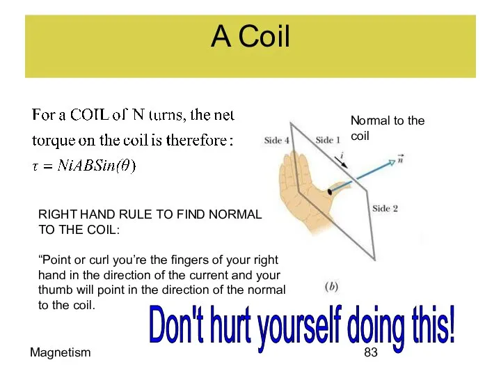 Magnetism A Coil Normal to the coil RIGHT HAND RULE TO