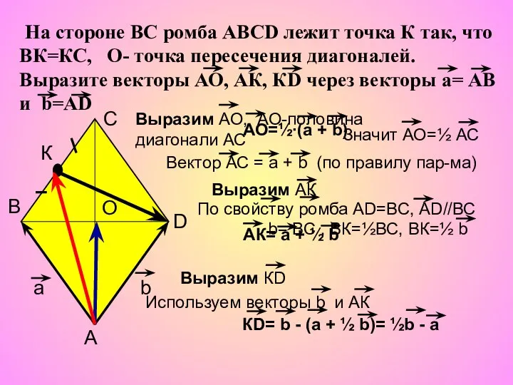 На стороне ВС ромба АВСD лежит точка К так, что ВК=КС,