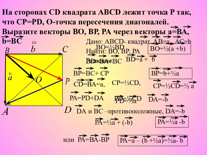 Дано: ABCD- квадрат. АВ=а, АС=b Найти: ВО, ВР, РА Решение: На