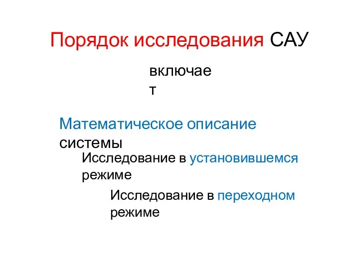 Порядок исследования САУ включает Математическое описание системы Исследование в установившемся режиме Исследование в переходном режиме