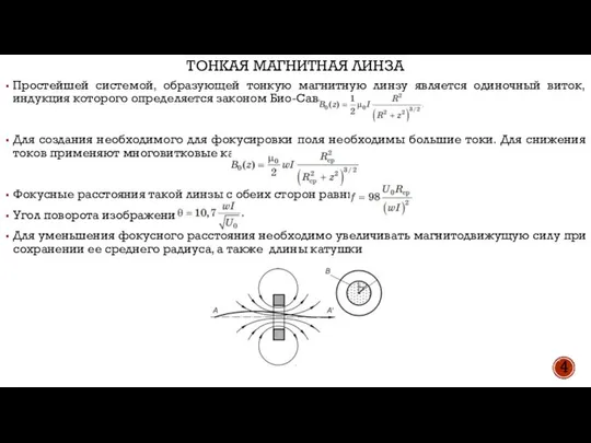 ТОНКАЯ МАГНИТНАЯ ЛИНЗА 4 Простейшей системой, образующей тонкую магнитную линзу является