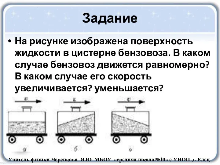 Задание На рисунке изображена поверхность жидкости в цистерне бензовоза. В каком