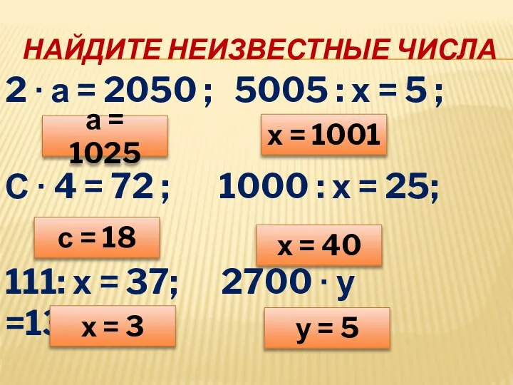 НАЙДИТЕ НЕИЗВЕСТНЫЕ ЧИСЛА 2 ∙ а = 2050 ; 5005 :