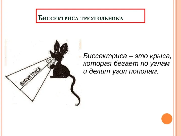 Биссектриса треугольника Биссектриса – это крыса, которая бегает по углам и делит угол пополам.
