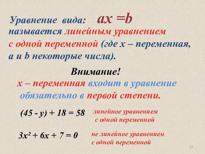 Уравнение вида: aх =b называется линейным уравнением с одной переменной (где