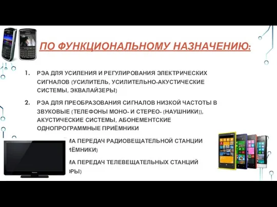 ПО ФУНКЦИОНАЛЬНОМУ НАЗНАЧЕНИЮ: РЭА ДЛЯ УСИЛЕНИЯ И РЕГУЛИРОВАНИЯ ЭЛЕКТРИЧЕСКИХ СИГНАЛОВ (УСИЛИТЕЛЬ,