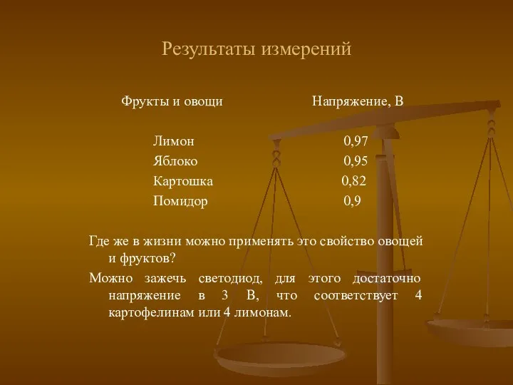 Результаты измерений Фрукты и овощи Напряжение, В Лимон 0,97 Яблоко 0,95