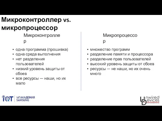 Микроконтроллер vs. микропроцессор Микроконтроллер Микропроцессор одна программа (прошивка) одна среда выполнения