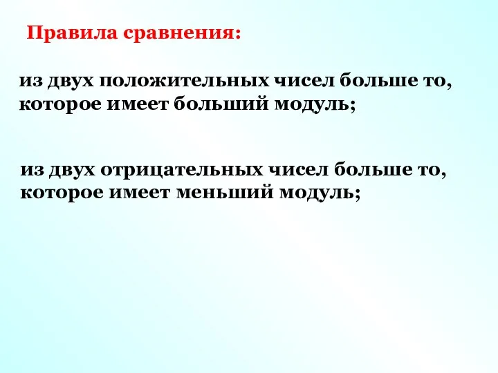 из двух положительных чисел больше то, которое имеет больший модуль; Правила