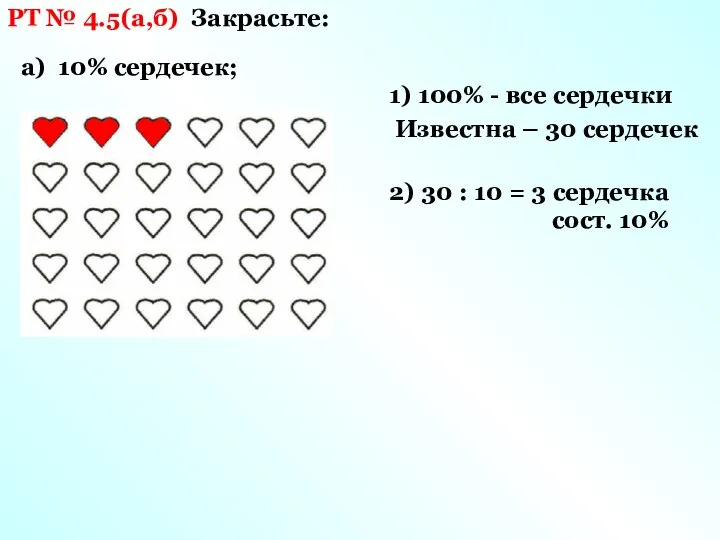 РТ № 4.5(а,б) Закрасьте: а) 10% сердечек; 1) 100% - все