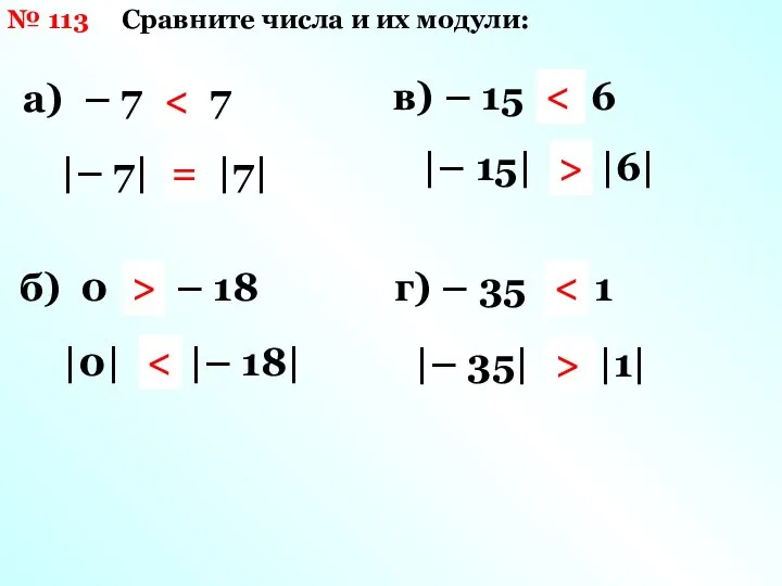 № 113 Сравните числа и их модули: а) – 7 и