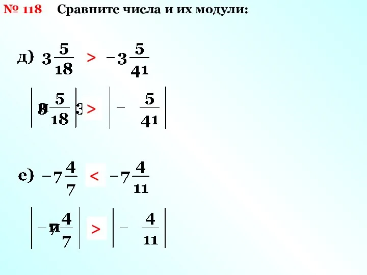 № 118 Сравните числа и их модули: > > >