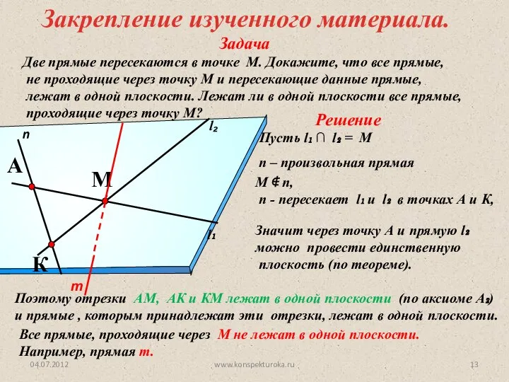 04.07.2012 www.konspekturoka.ru Задача Две прямые пересекаются в точке М. Докажите, что