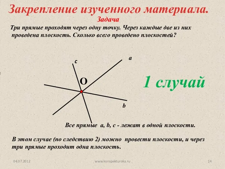 04.07.2012 www.konspekturoka.ru Задача Три прямые проходят через одну точку. Через каждые