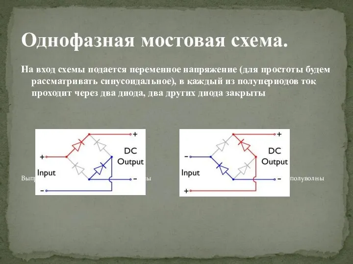 На вход схемы подается переменное напряжение (для простоты будем рассматривать синусоидальное),