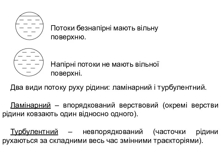 Потоки безнапірні мають вільну поверхню. Напірні потоки не мають вільної поверхні.