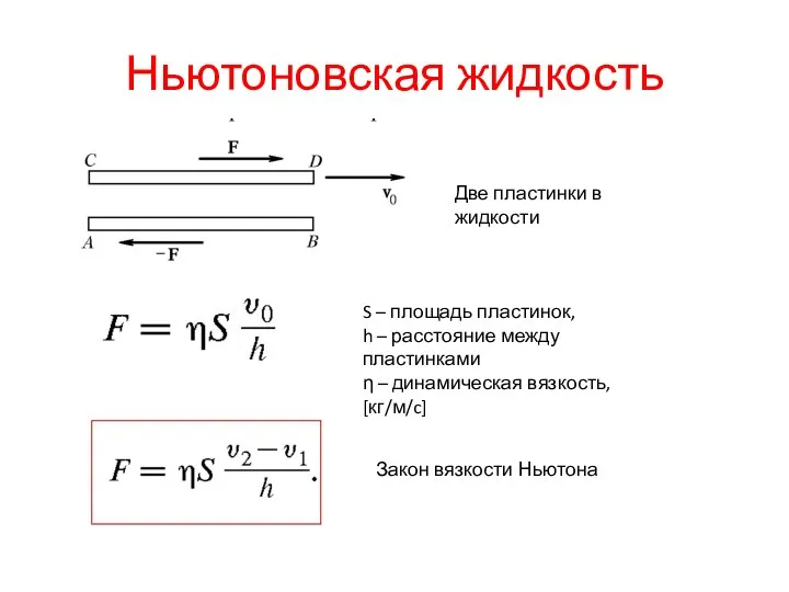 Ньютоновская жидкость Две пластинки в жидкости S – площадь пластинок, h