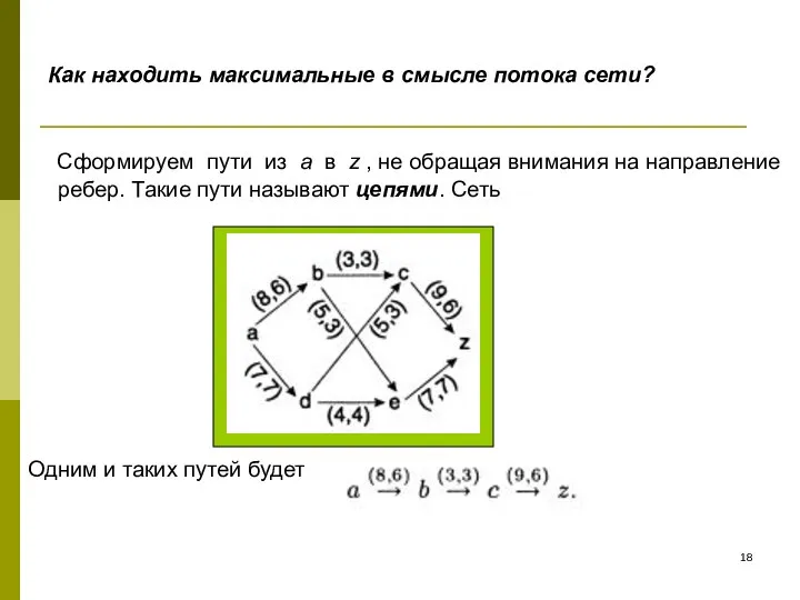 Как находить максимальные в смысле потока сети? Сформируем пути из a