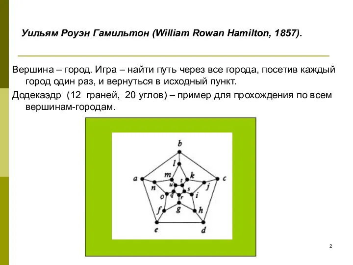 Уильям Роуэн Гамильтон (William Rowan Hamilton, 1857). Вершина – город. Игра