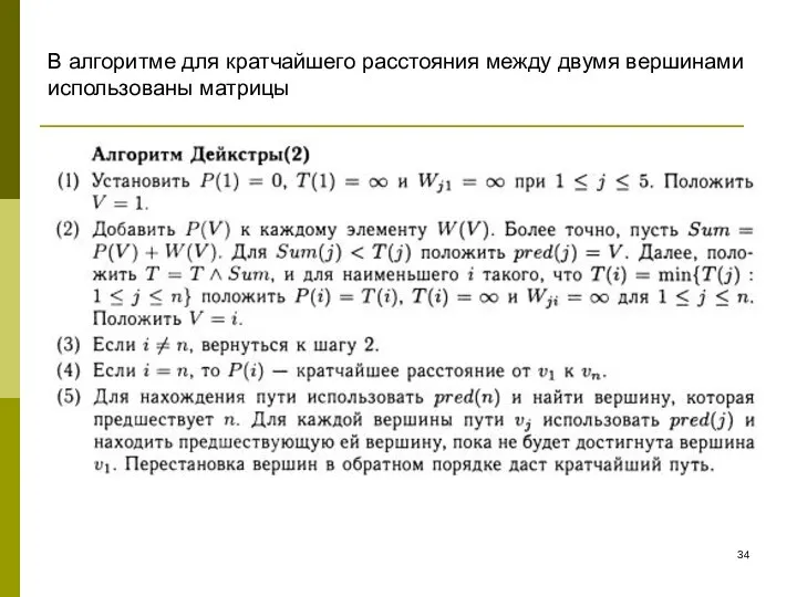 В алгоритме для кратчайшего расстояния между двумя вершинами использованы матрицы