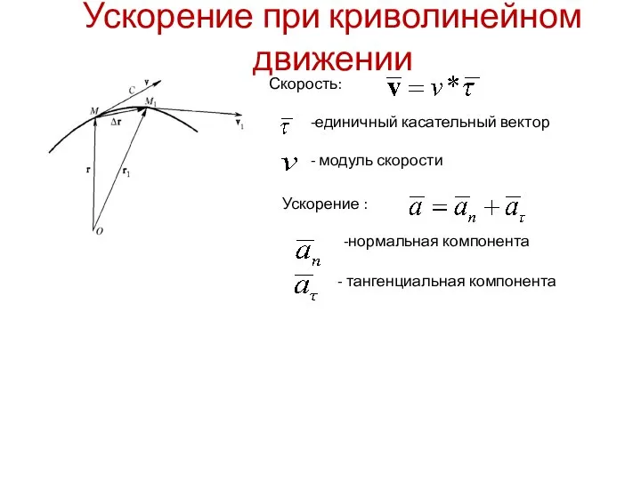 Ускорение при криволинейном движении Ускорение : -нормальная компонента - тангенциальная компонента