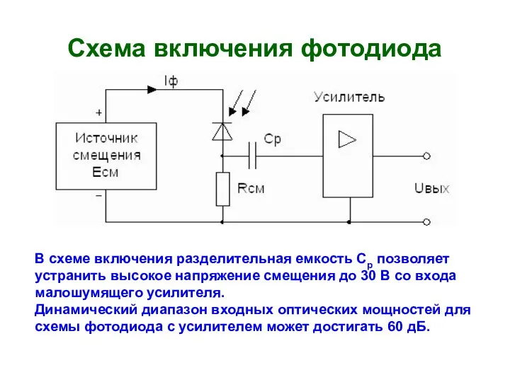 Схема включения фотодиода В схеме включения разделительная емкость Ср позволяет устранить