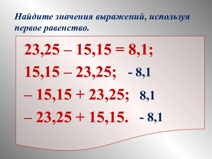 23,25 – 15,15 = 8,1; 15,15 – 23,25; – 15,15 +