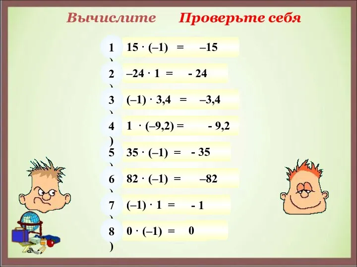 Вычислите Проверьте себя 15 · (–1) = 1) –15 –24 ·