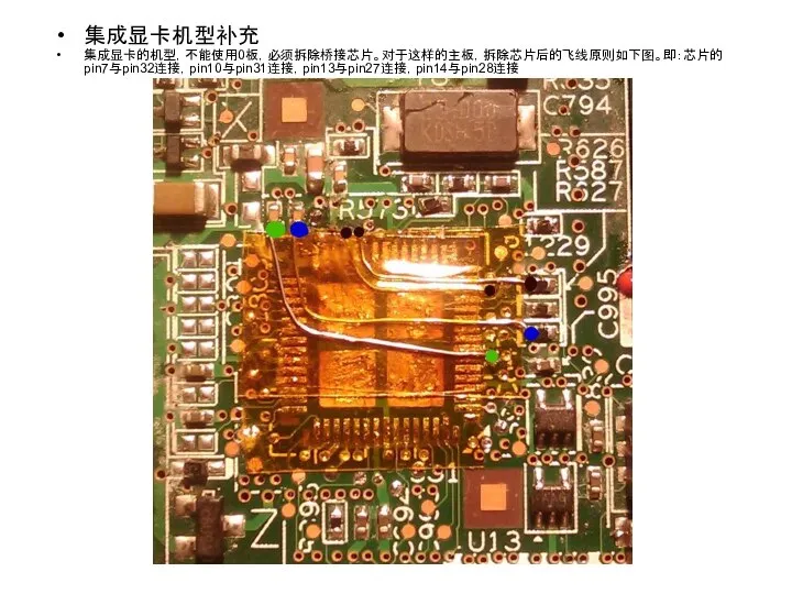 集成显卡机型补充 集成显卡的机型，不能使用0板，必须拆除桥接芯片。对于这样的主板，拆除芯片后的飞线原则如下图。即：芯片的pin7与pin32连接，pin10与pin31连接，pin13与pin27连接，pin14与pin28连接