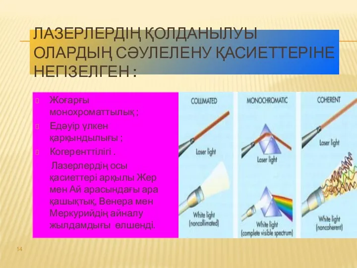 ЛАЗЕРЛЕРДІҢ ҚОЛДАНЫЛУЫ ОЛАРДЫҢ СӘУЛЕЛЕНУ ҚАСИЕТТЕРІНЕ НЕГІЗЕЛГЕН : Жоғарғы монохроматтылық ; Едәуір