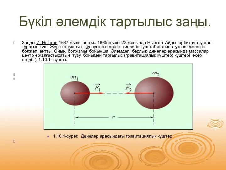 Бүкіл әлемдік тартылыс заңы. Заңды И. Ньютон 1667 жылы ашты.. 1665