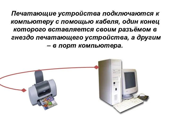 Печатающие устройства подключаются к компьютеру с помощью кабеля, один конец которого