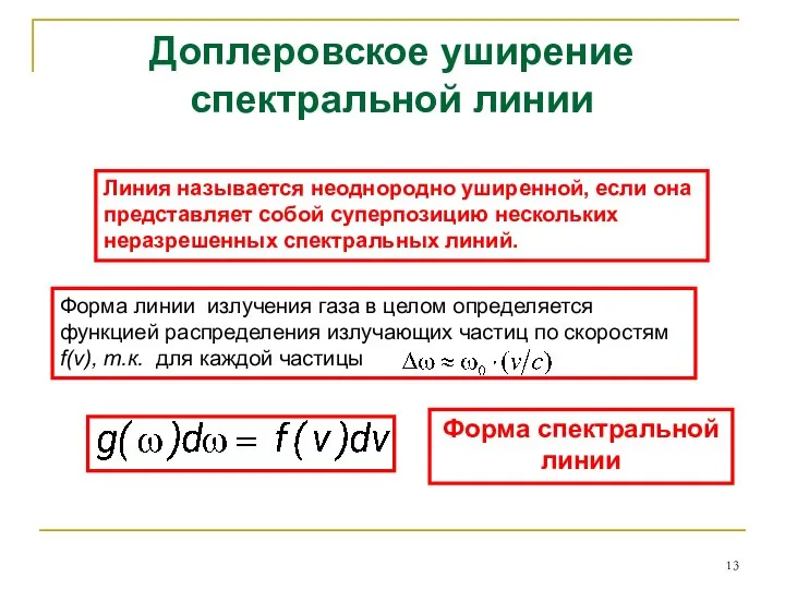 Доплеровское уширение спектральной линии Линия называется неоднородно уширенной, если она представляет