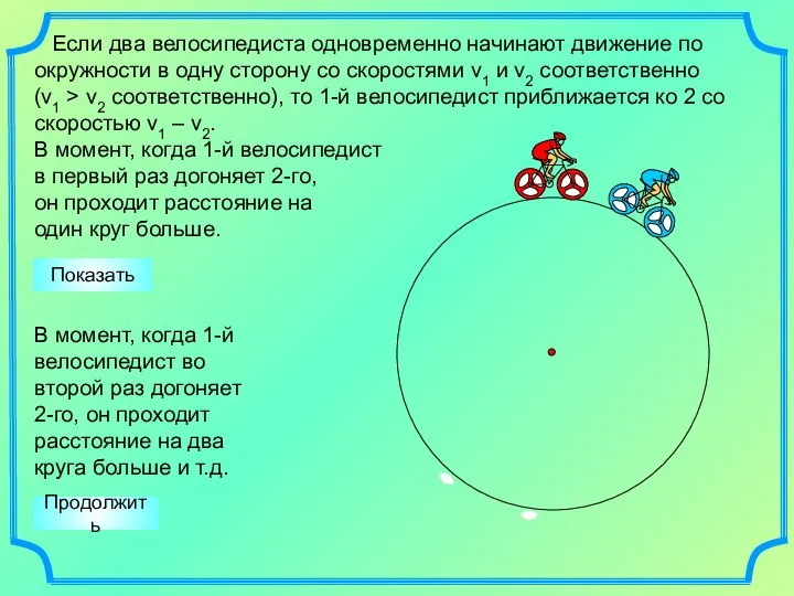 Если два велосипедиста одновременно начинают движение по окружности в одну сторону