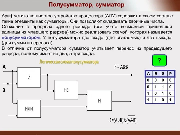 Полусумматор, сумматор Арифметико-логическое устройство процессора (АЛУ) содержит в своем составе такие