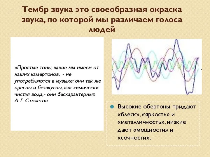 Тембр звука это своеобразная окраска звука, по которой мы различаем голоса