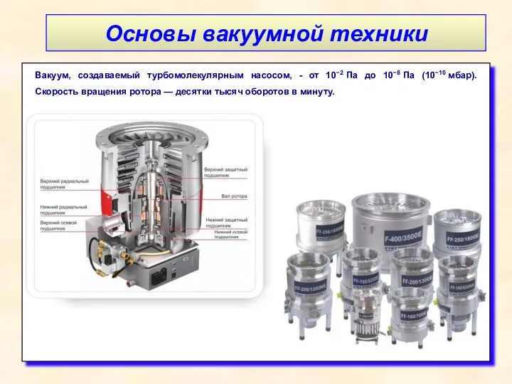 Основы вакуумной техники Вакуум, создаваемый турбомолекулярным насосом, - от 10−2 Па