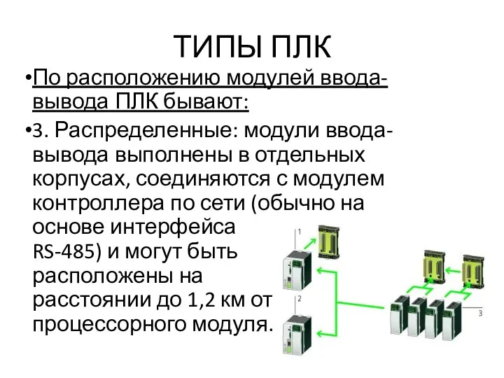 ТИПЫ ПЛК По расположению модулей ввода-вывода ПЛК бывают: 3. Распределенные: модули