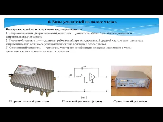 Виды усилителей по полосе частот подразделяются на: 1) Широкополосный (апериодический) усилитель