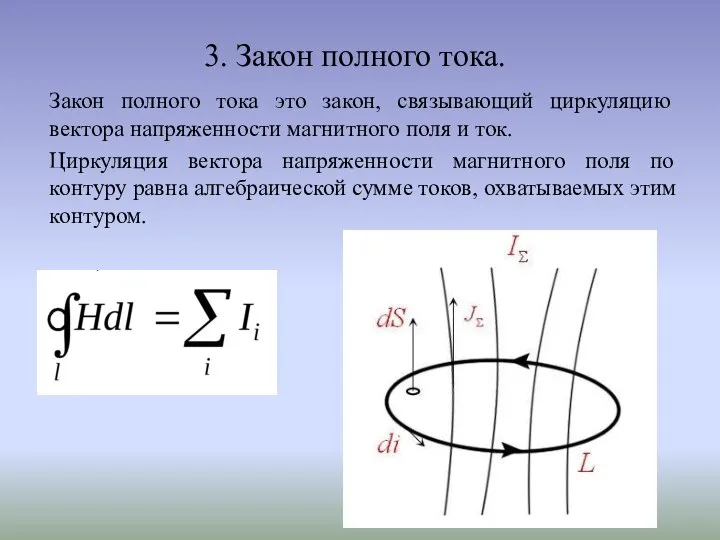 3. Закон полного тока. Закон полного тока это закон, связывающий циркуляцию