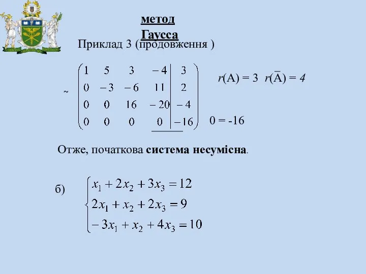 метод Гаусса Приклад 3 (продовження ) ~ 0 = -16 Отже,