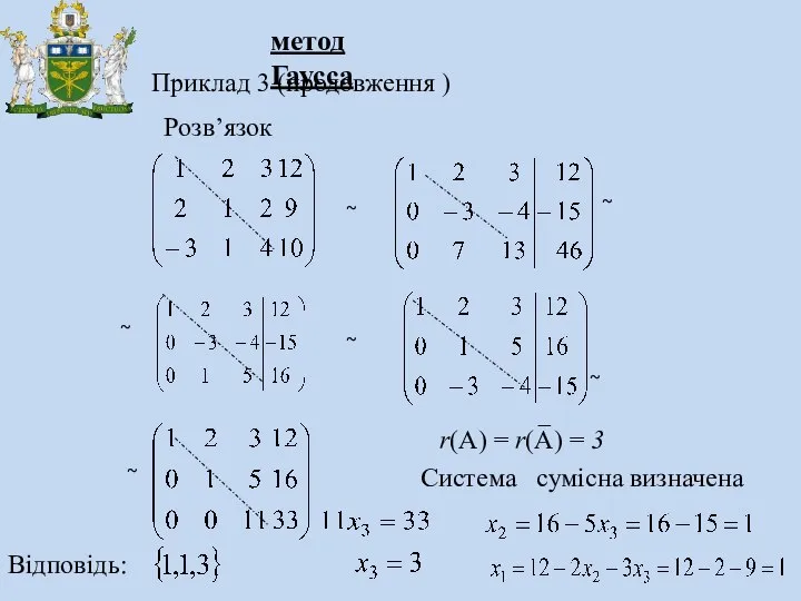 метод Гаусса Приклад 3 (продовження ) Розв’язок ~ ~ ~ ~