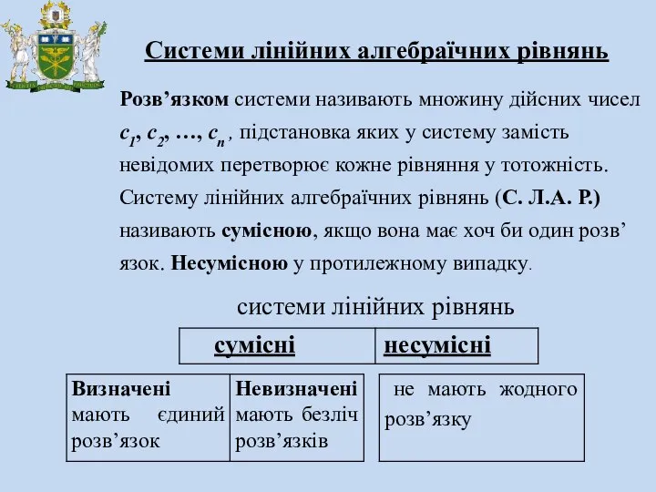 Системи лінійних алгебраїчних рівнянь Розв’язком системи називають множину дійсних чисел с1,