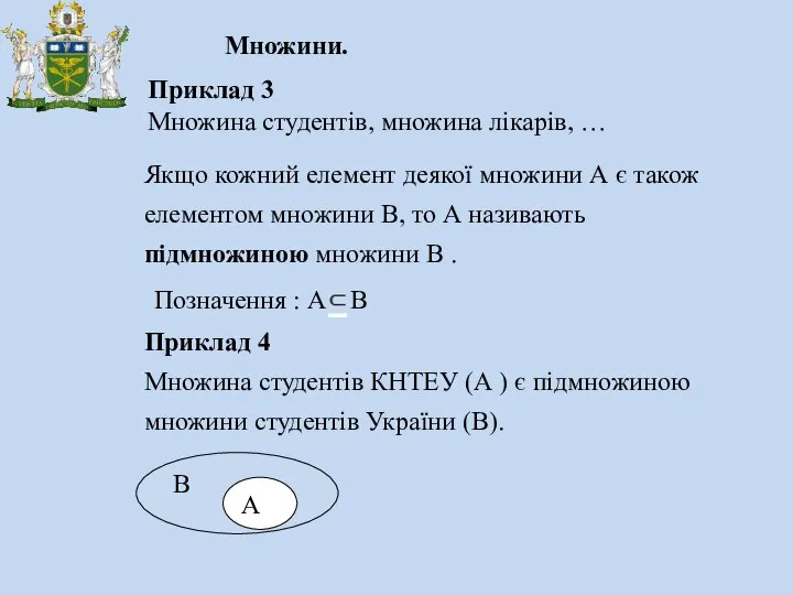 Множини. Приклад 3 Множина студентів, множина лікарів, … Якщо кожний елемент