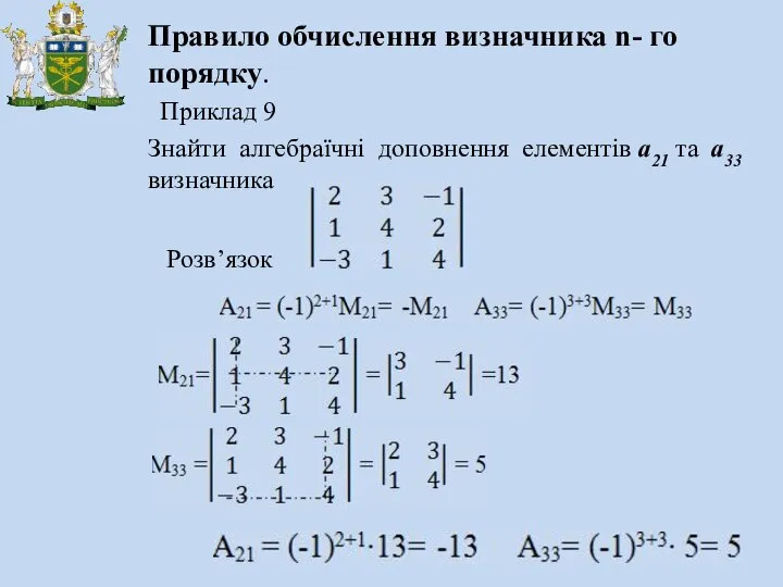 Правило обчислення визначника n- го порядку. Приклад 9 Знайти алгебраїчні доповнення