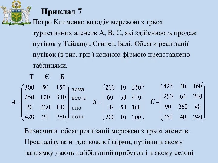 Петро Клименко володіє мережою з трьох туристичних агенств А, В, С,