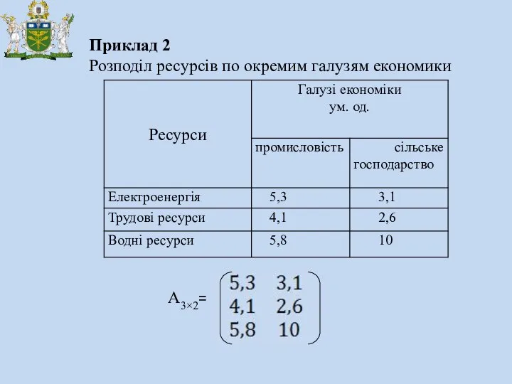 Приклад 2 Розподіл ресурсів по окремим галузям економики А3×2=
