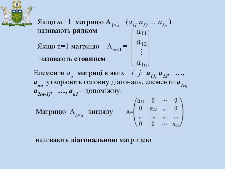 Якщо m=1 матрицю А1×n =(a11 a12 … a1n ) називають рядком